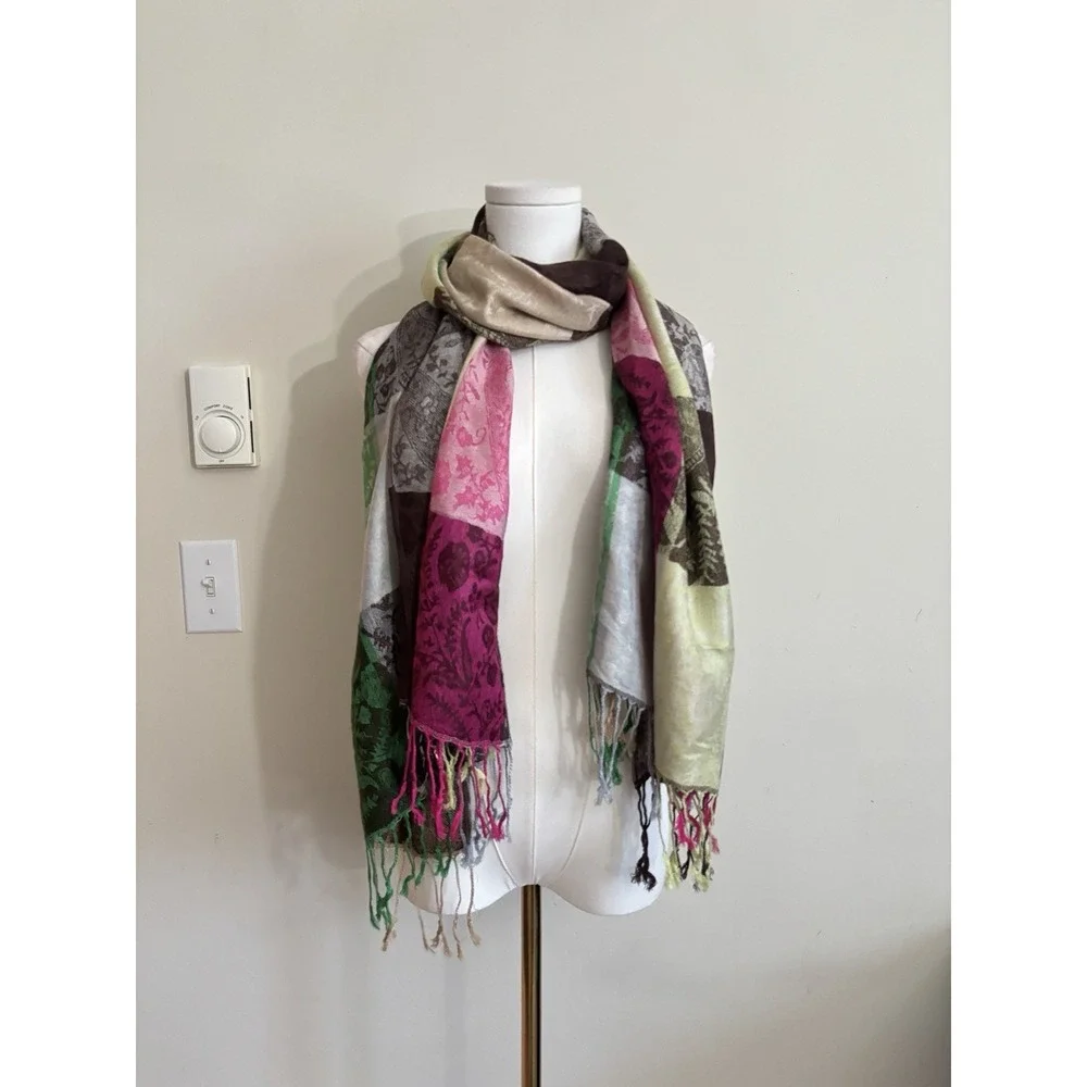 Colorful Plaid Pashmina Shawl Scarf Wrap‎ Fringe Y2K Vibe Brown Pink Green Silk